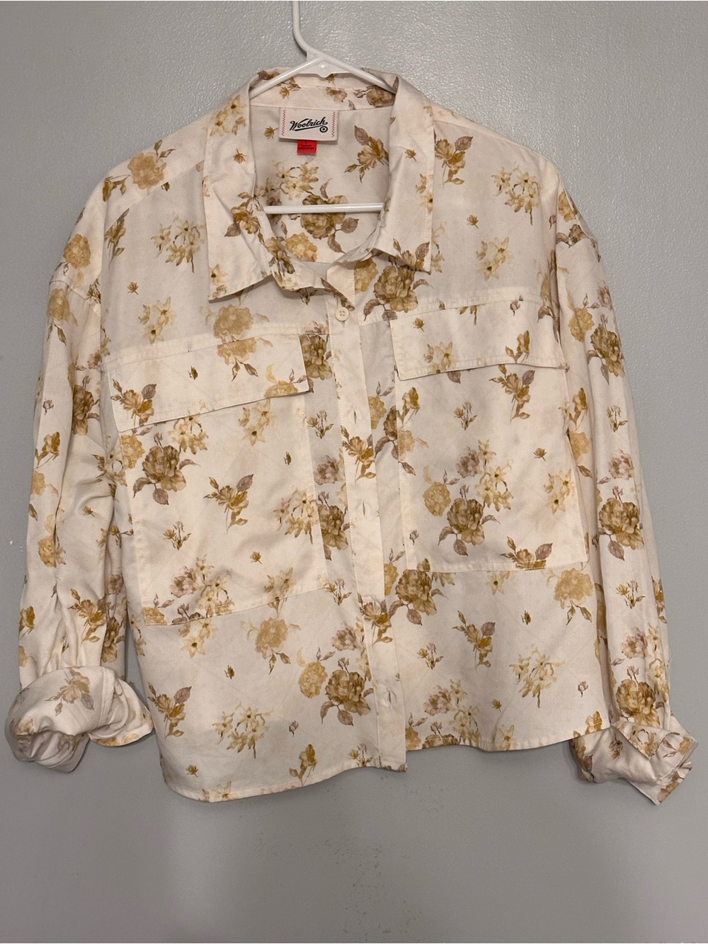 Woolrich Cream Button-Front Floral Blouse with Gold Print